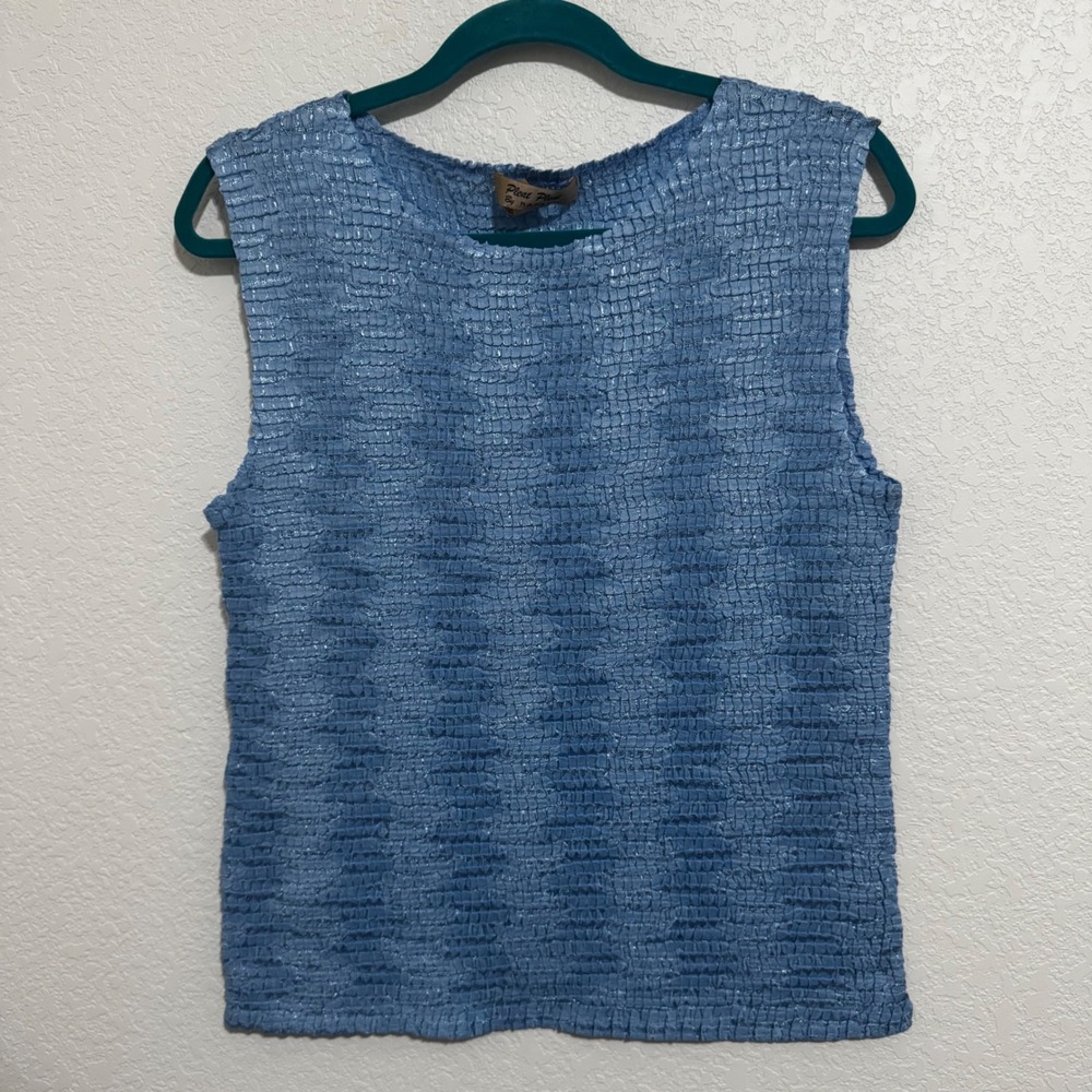 90's Vintage Pleat By Rafael Women's Blue Textured Sleeveless Top XL